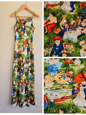 VTG High Tide Maxi Slip Impressionist Renoir Picnic Boating Party Print Artsy M